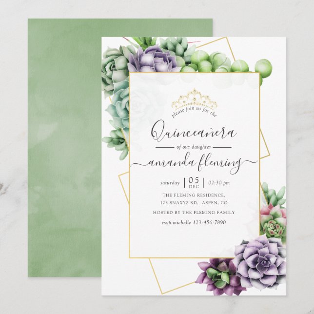 Invitation Quinceañera géométrique aquarelle de succulente (Devant / Derrière)