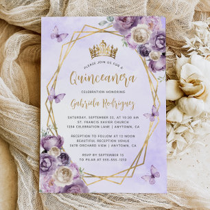 Invitation Quinceañera géométrique florale or ivoire violet