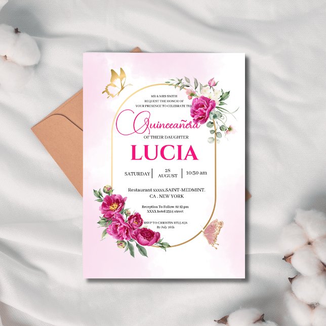 Invitation Quinceañera Géométrique rose Fuchsia Floral Or (Créateur téléchargé)