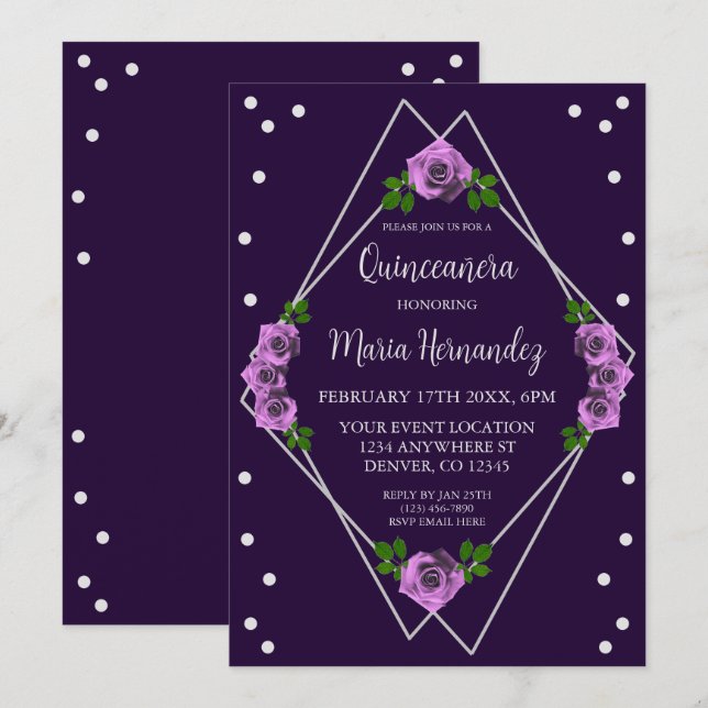 Invitation Quinceañera géométrique Rose violet (Devant / Derrière)