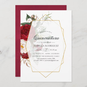Invitation Quinceañera géométrique rouge et blanc de Bourgogn