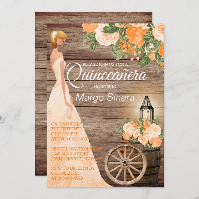 Invitation Quinceañera Girl - Baril de bois & Fleurs orange (Devant / Derrière)