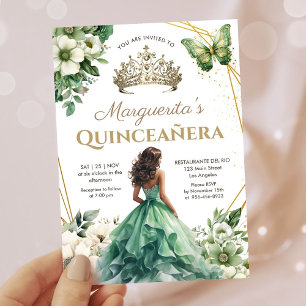 Invitation Quinceañera Girl Green Gold Tiara Floral Butterfly
