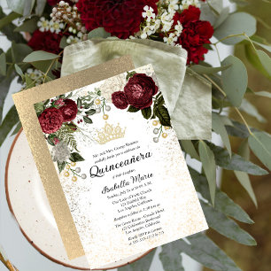 Invitation Quinceañera Glam Bourgogne Rose Floral Anniversair