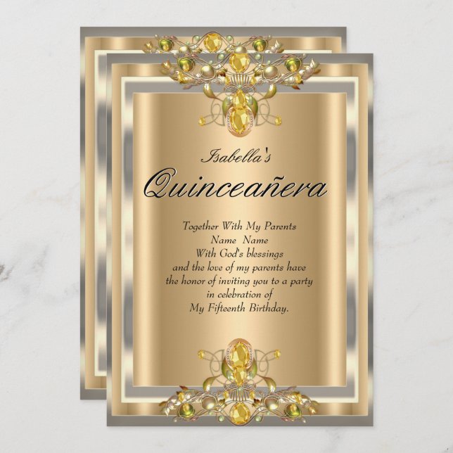 Invitation Quinceanera Gold Beige Jaune Gemmes 15 Anniversair (Devant / Derrière)