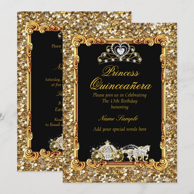 Invitation Quinceanera Gold Black Horse Carriage Fairytale (Devant / Derrière)