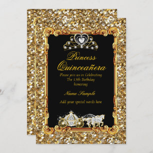 Invitation Quinceanera Gold Black Horse Carriage Fairytale