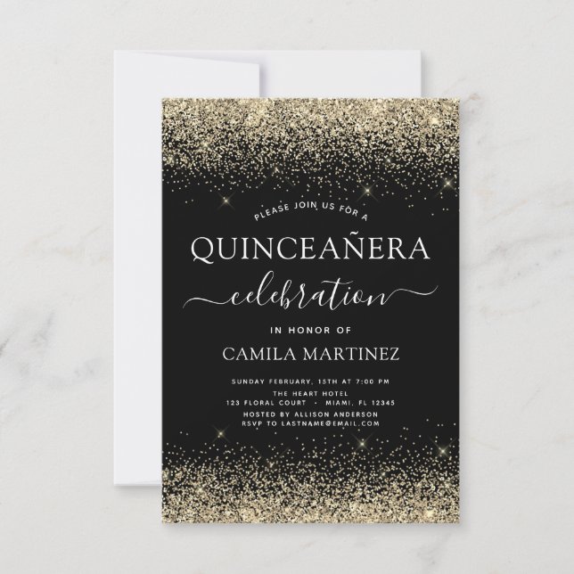 Invitation Quinceanera Gold Black Parties scintillant moderne (Devant)