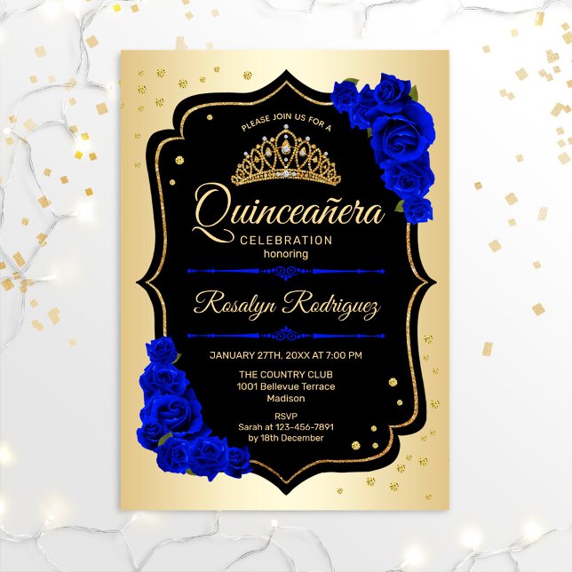 Invitation Quinceanera - Gold Black Royal Blue (Créateur téléchargé)