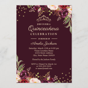 Invitation Quinceanera Gold Bourgogne floral Éperche