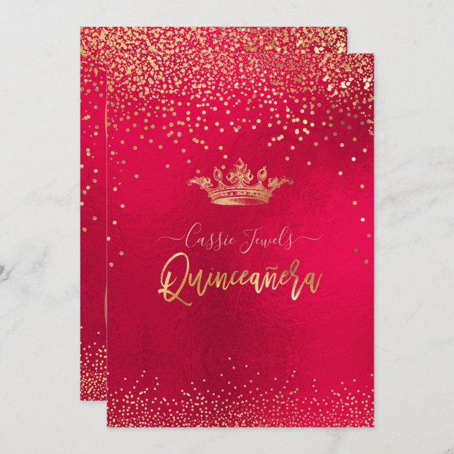 Invitation Quinceanera Gold Confetti+Princesse Crown (Devant / Derrière)