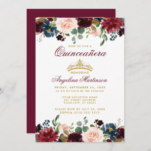 Invitation Quinceanera Gold Couronne Bourgogne bleu floral ph
