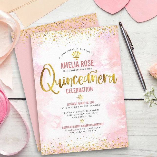 Invitation Quinceañera Gold Foil Blush Pink Aquarelle Chic (Créateur téléchargé)