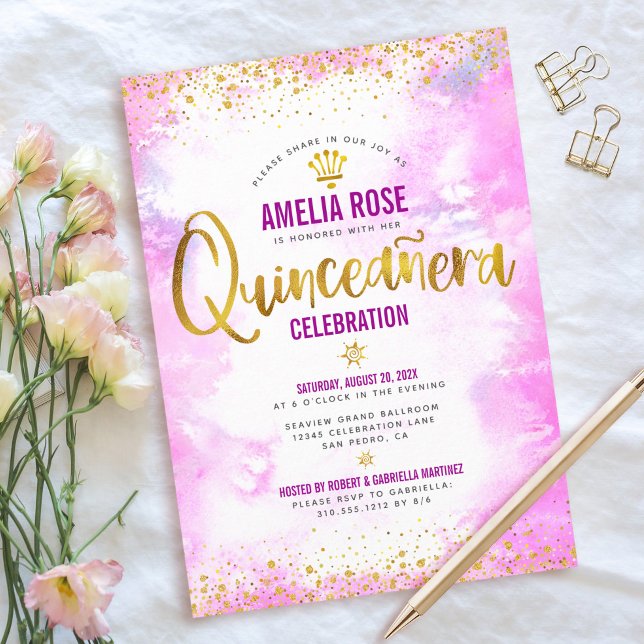 Invitation Quinceañera Gold Foil rose Aquarelle Élégant Chic (Créateur téléchargé)