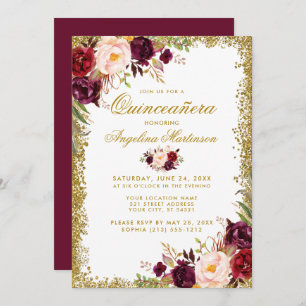Invitation Quinceanera Gold Parties scintillant Bourgogne Flo