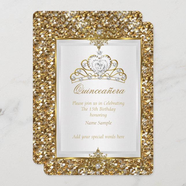 Invitation Quinceanera Gold Parties scintillant White Pearl T (Devant / Derrière)