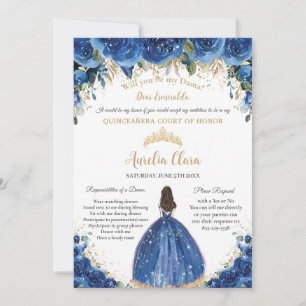 Invitation Quinceañera Gold Royal Blue Floral Dama Demande