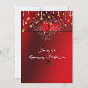 Invitation Quinceanera Gold Stars Ruby rouge & Roses rouges
