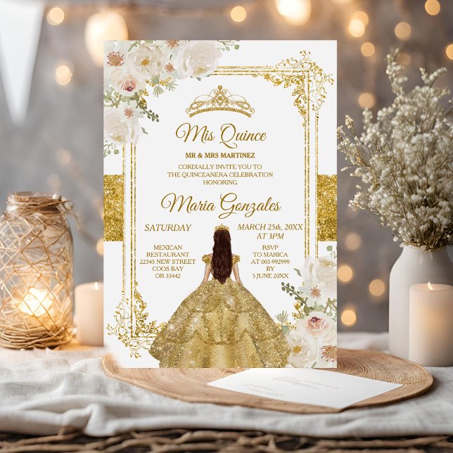 Invitation Quinceanera Gold & White Floral Couronne d'anniver (Créateur téléchargé)