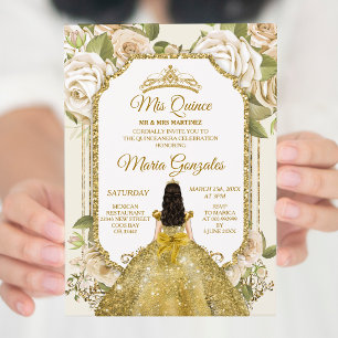 Invitation Quinceanera Gold & White Floral Couronne d'anniver