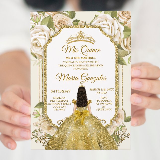 Invitation Quinceanera Gold & White Floral Couronne d'anniver (Créateur téléchargé)
