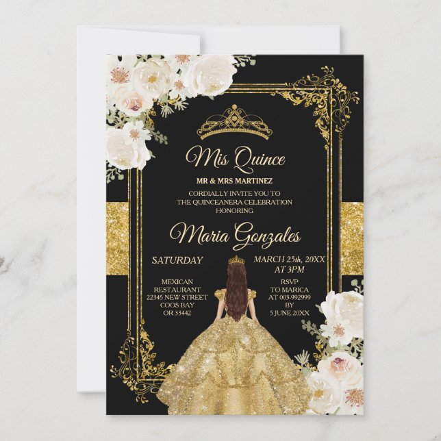 Invitation Quinceanera Gold & White Floral Couronne d'anniver (Devant)