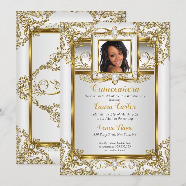 Invitation Quinceanera Gold White Pearl Damask Photo Annivers (Devant / Derrière)
