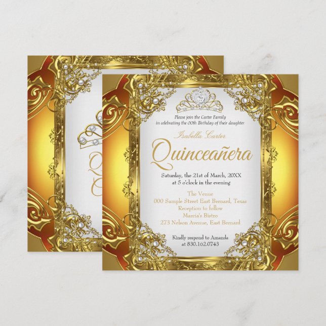 Invitation Quinceanera Golden White Pearl Lace Tiara Annivers (Devant / Derrière)