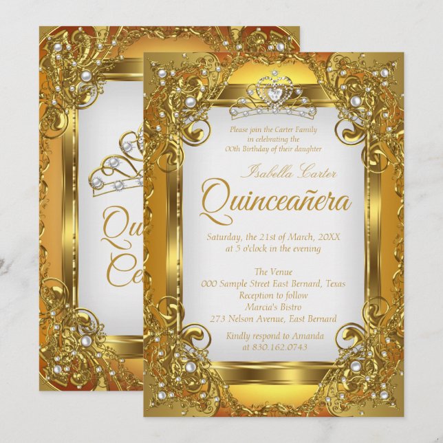 Invitation Quinceanera Golden White Pearl Lace Tiara Party (Devant / Derrière)