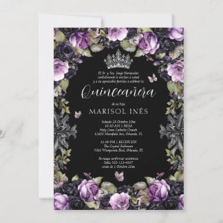 Invitation Quinceañera Gótica Morada y Negra con Flores Moody