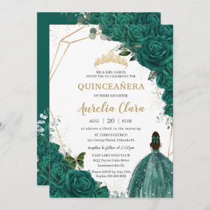 Invitation Quinceañera Green Roses Floral Gold Princess Crown