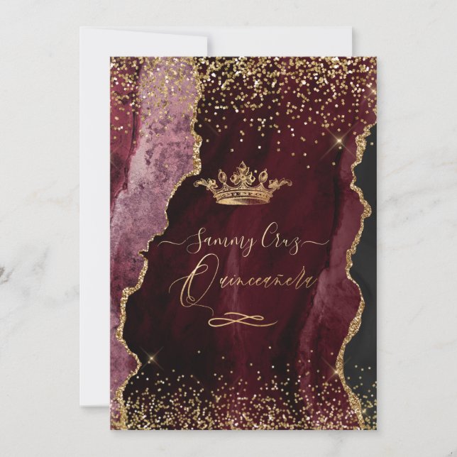 Invitation Quinceanera H2 Bourgogne Agate Faux Gold Parties s (Devant)
