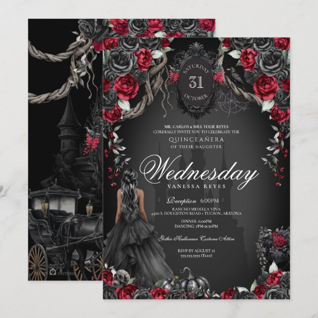 Invitation Quinceanera Hantée Halloween princesse gothique (Devant / Derrière)
