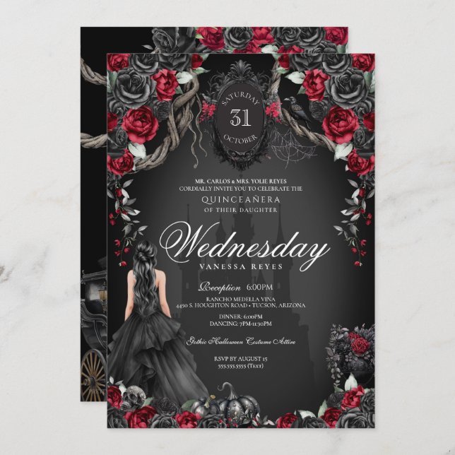 Invitation Quinceanera Hantée Rose noir Red Halloween (Devant / Derrière)