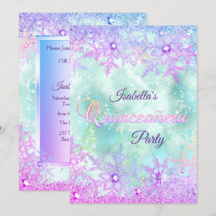 Invitation Quinceanera Hiver Turquoise Bleu Violet Rose