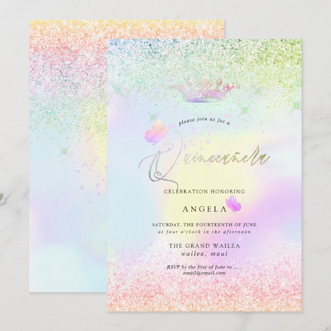 Invitation Quinceanera holographique Papillons roses + Paille (Devant / Derrière)