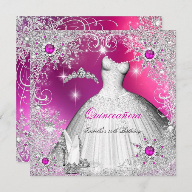 Invitation Quinceanera Hot Pink Pearl Silver Hiver Flocon de  (Devant / Derrière)