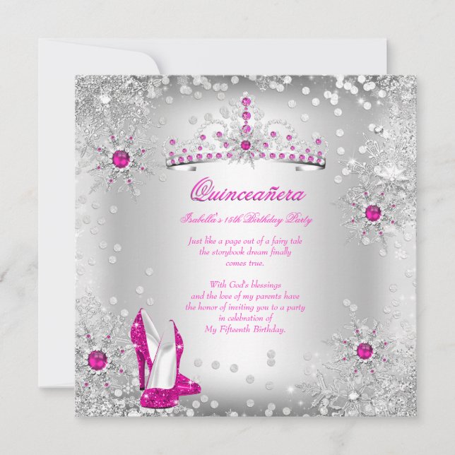Invitation Quinceanera Hot Pink Silver Winter Wonderland (Devant)