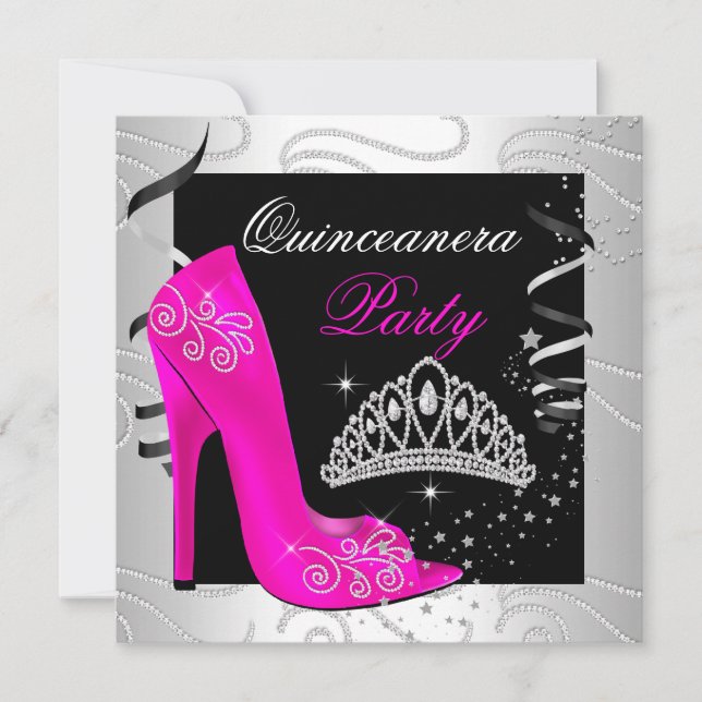 Invitation Quinceanera Hot rose Diamant Noir Blanc Parti (Devant)