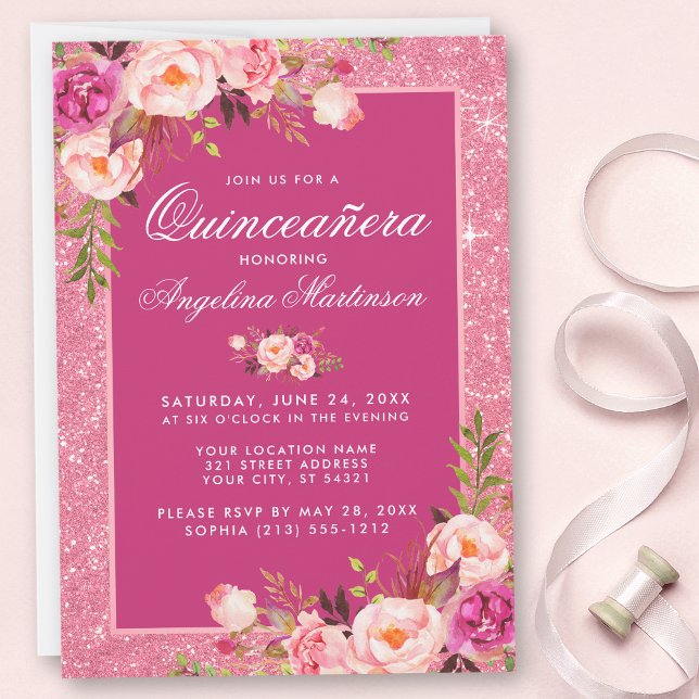 Invitation Quinceanera Hot rose Floral Parties scintillant In (Customize to change text style or size.)