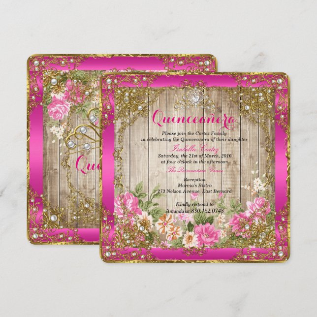 Invitation Quinceanera Hot rose Rustique Bois Floral Or (Devant / Derrière)