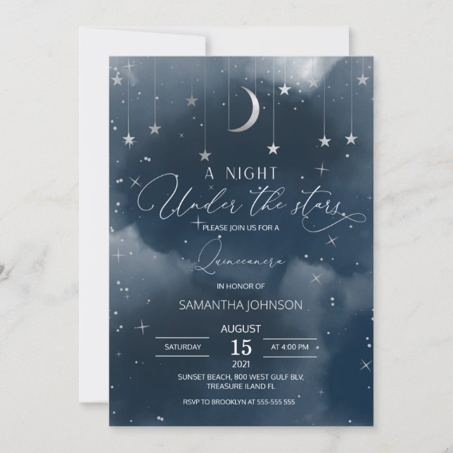 Invitation Quinceanera Invitation, Lune et étoiles Quinceañer (Devant)
