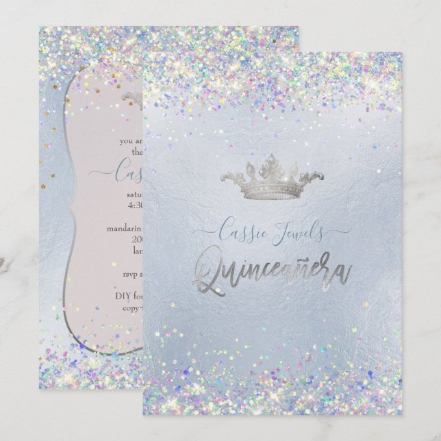 Invitation Quinceanera Iridescent Confetti+Princess Crown (Devant / Derrière)
