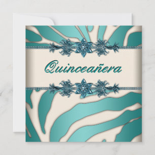 Invitation Quinceañera Ivoire sarcelle bleue zèbre