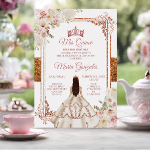Invitation Quinceanera Ivory Cooper Floral Anniversaire Couro