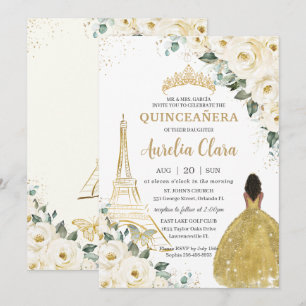 Invitation Quinceañera Ivory Floral Paris Gold Brown Princess