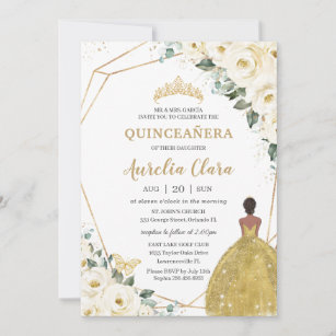 Invitation Quinceañera Ivory White Floral Gold Brown Princess