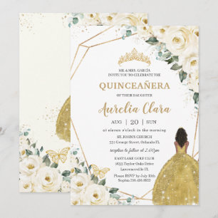 Invitation Quinceañera Ivory White Floral Gold Brown Princess
