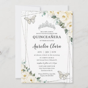 Invitation Quinceañera Ivory White Floral Papillons Couronne 