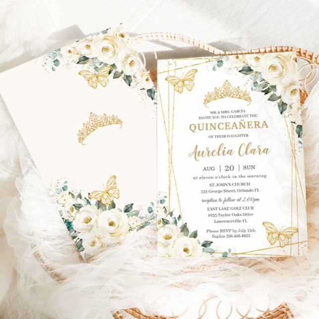 Invitation Quinceañera Ivory White Floral Papillons Couronne (Créateur téléchargé)